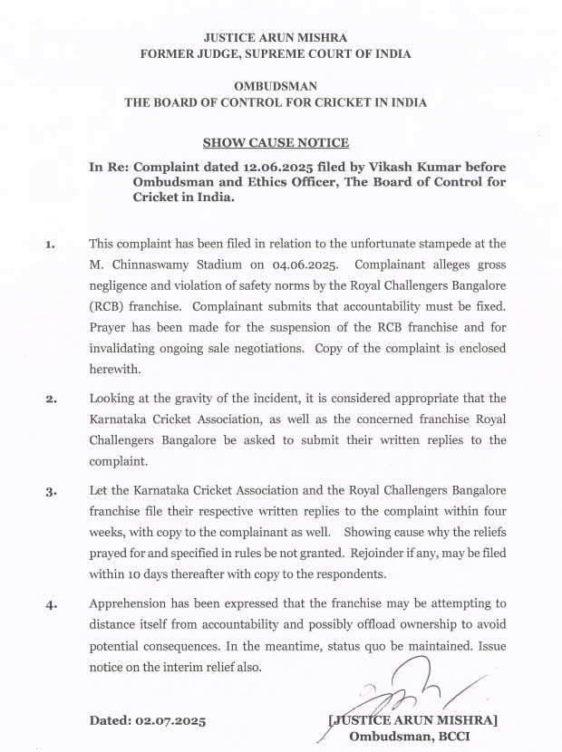 BCCI issues show cause notice to KSCA and RCB for Bengaluru stampede