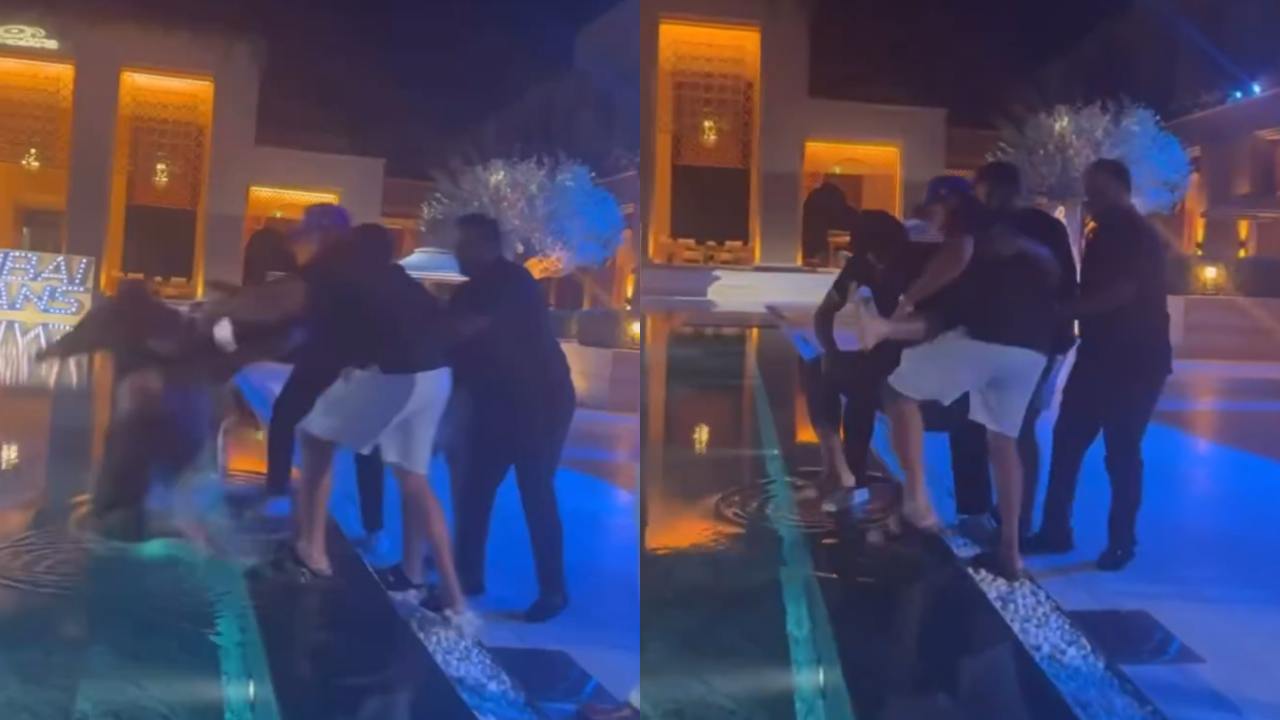 Rohit Sharma Tilak Varma and Suryakumar Yadav throw a person in swimming pool