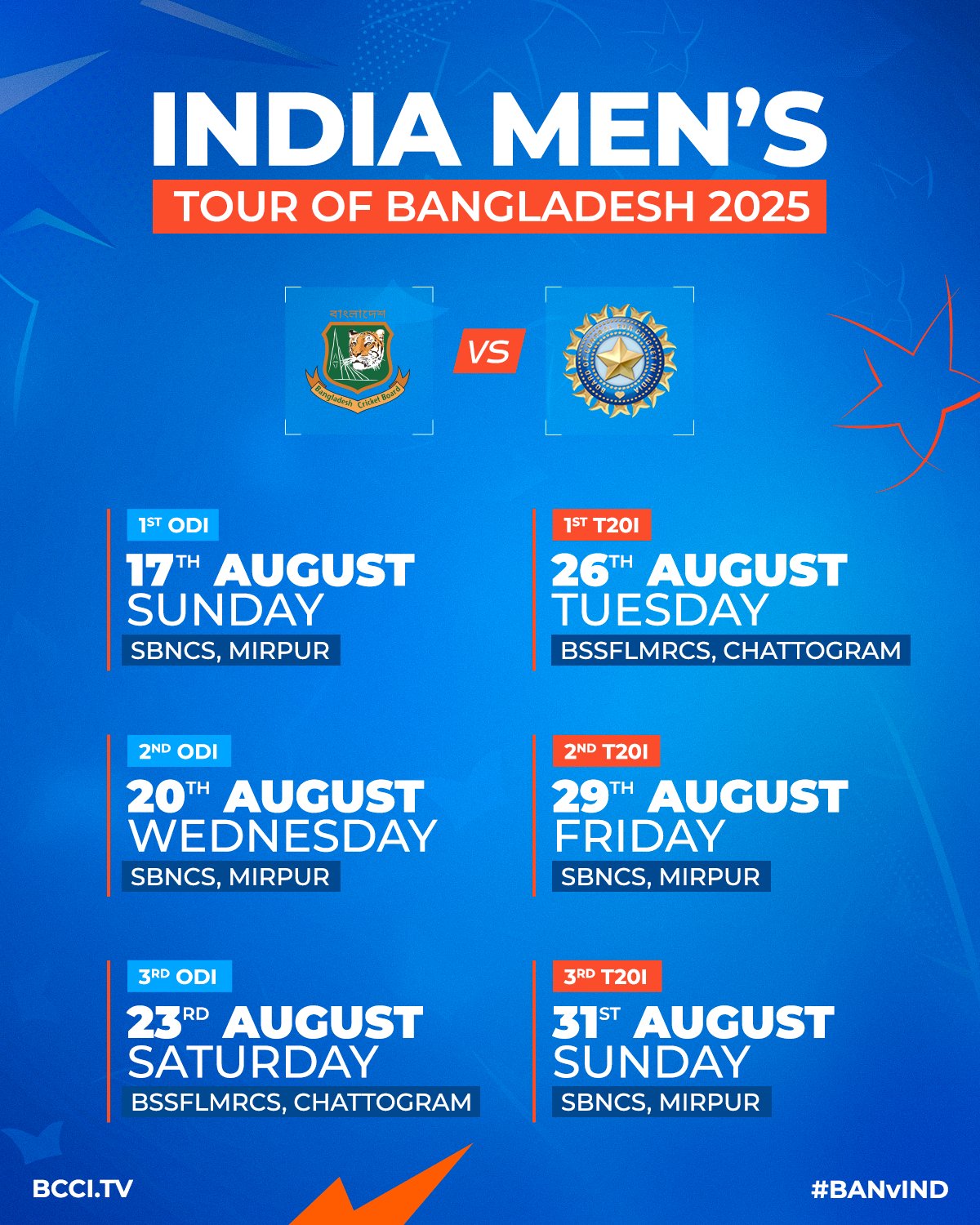 IND Vs BAN Schedule