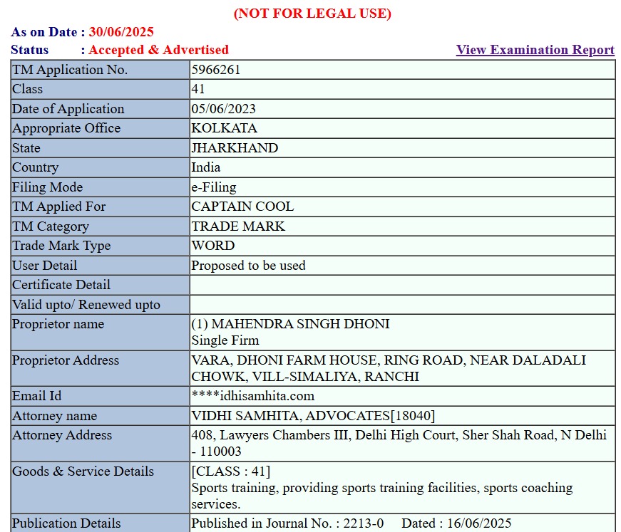 MS Dhoni registers Captain Cool Trademark for Sports training coaching services and many more purpose