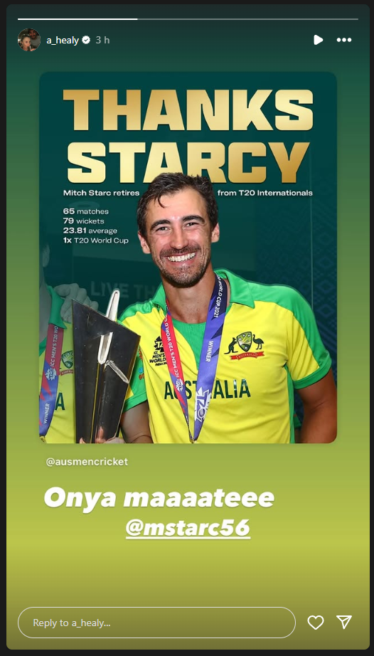 Wife Alyssa Healy Reaction on Mitchell Starc T20Is retirement Wrote onya mate meaning in Hindi