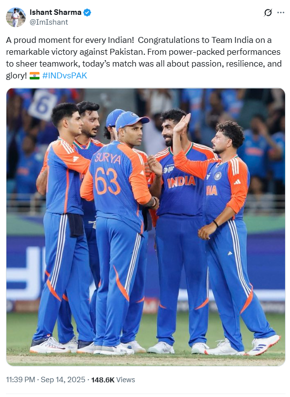 Ishant Sharma post on IND vs PAK match Asia Cup 2025
