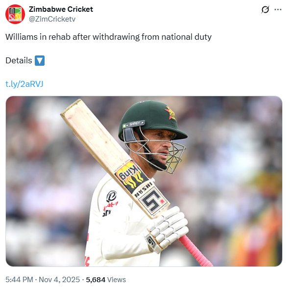 Zimbabwe Cricket ends Sean Williams Career stripped of national contract due to drug addiction