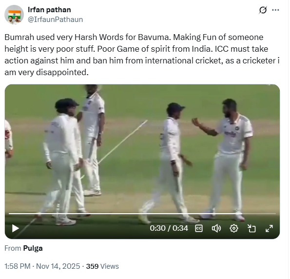 Irfan pathan got angry on Jasprit Bumrah he called Temba Bavuma bauna during IND vs SA 1st test Kolkata