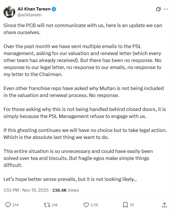 PSL franchise Multan Sultans owner Ali Khan Tareen warns of legal action against PCB