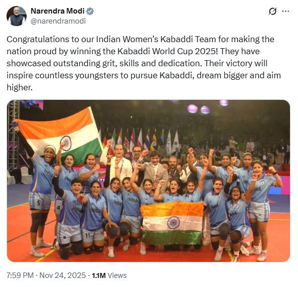 PM Narendra Modi wishes on India women won Women's Kabaddi World Cup 2025