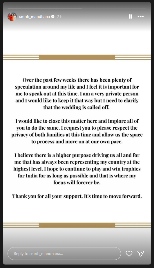 Smriti Mandhana calls wedding off With Palash Muchhal