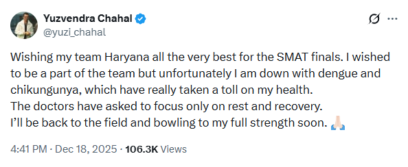 Yuzvendra Chahal breaks silence on absence of SMAT 2025 Final Jharkhand vs Haryana